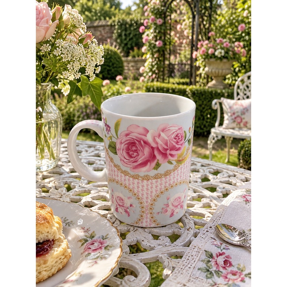 Saglam Pink Rose Floral Mug Ceramic Coffee Cup Houndstooth Gold Trim Vintage